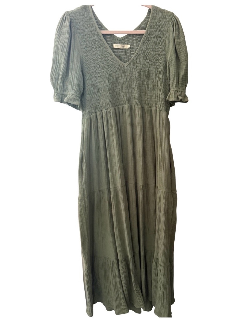 Christy Dawn Sage Green Brooklyn Smocked V-Neck Midi Dress